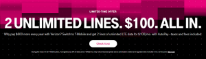 T-Mobile One Unlimited Plan Promotion：AutoPayで$ 100で2回線を取得