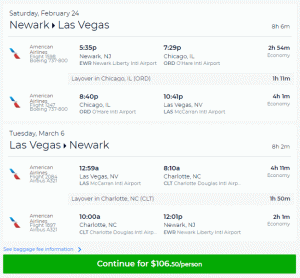 American Airlinesin edestakainen matka Newarkista Las Vegasiin alkaen 106 dollarista