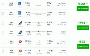 Eri lentoyhtiöiden edestakainen matka USA: sta Amsterdamiin alkaen 300 dollaria