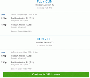 JetBlue Airwaysi edasi -tagasi reis Fort Lauderdale'ist Floridast Cancuni, Mehhikosse alates 181 dollarist
