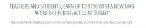 Promotions de la banque MVB: 150 $ de bonus de vérification (VA, WV)