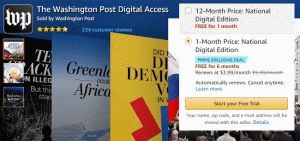 Amazon Prime Washington Post veicināšana: bezmaksas 6 mēnešu digitālais abonements