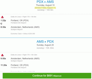 Delta Airlines oda-vissza Portlandból, Oregonból Amszterdamba, Hollandiába, 691 dollárról