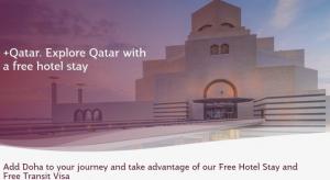 Qatar Airways Raziščite promocijo: brezplačna tranzitna vizuma + brezplačno bivanje v hotelu + 50 USD na dodatno noč