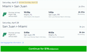 Авиабилеты туда и обратно из городов США в Сан-Хуан от Frontier Airlines от 78 долларов США.