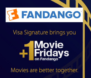 Fandango Buy One მიიღეთ ერთი უფასო ფილმის ბილეთი Visa ხელმოწერის ბარათის მფლობელებისთვის