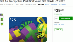 Promotion Carte-cadeau Sam's Club Get Air Trampoline Park: 50 $ GC pour 39,98 $