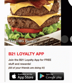 Promoción de descarga de la aplicación Cheesy Burger gratis del restaurante Burger 21