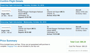رحلة ذهاب وعودة للخطوط الجوية الأمريكية من واشنطن العاصمة إلى أورلاندو ابتداءً من 86 دولارًا