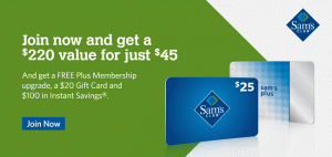 Sam's Club Plus წევრობის ხელშეწყობა: უფასო $ 20 სასაჩუქრე ბარათი 45 დოლარად