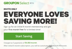 Промоакция Groupon Select: абонемент на 4,99 доллара в месяц + бесплатная электронная подарочная карта Starbucks на 5 долларов (бета)