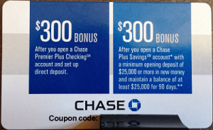 Chase 600 $ Bonusové kupóny Kombinace Premier Checking a Plus úspory