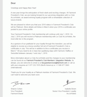 Fairmont President's Club Premier & Platinum-ledenpromotie: gratis nacht + upgrades (gericht)