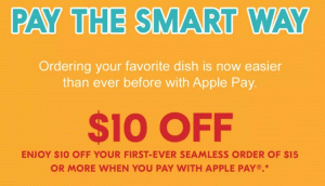 Sklandi „Apple Pay“ reklama: 10 USD nuolaida už pirmąjį užsakymą (tikslinis)