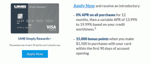 UMB Simply Rewards Visa 신용 카드 15,000 보너스 포인트