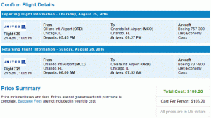 A United Airlines oda-vissza Chicago-ból, Illinois-ból Orlando-ba, Floridába, 106 dollárról