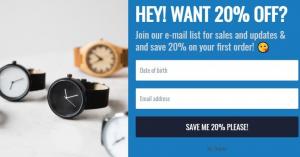 Promoțiile Watch Co: Reducere suplimentară de 20% a codului cuponului de cumpărare, reducere de 20% a comenzii cu înregistrare prin e-mail, etc.