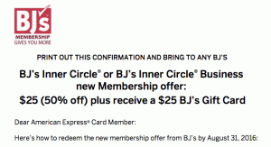 Promoción de American Express BJ: 50% de descuento en la nueva membresía de BJ + tarjeta de regalo de BJ de $ 25