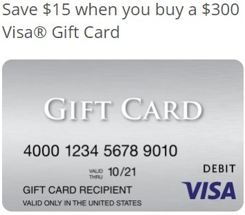 Economisiți 15 USD cu 300 USD la cumpărarea unui card cadou Visa