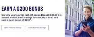 Akcie Live Oak Bank: Úsporný bonus 200 USD (celoštátne)