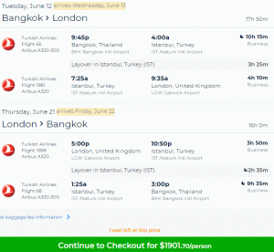 Turkish Airlines forretningsklasse tur-retur fra Thailand til Storbritannia fra $ 1 901