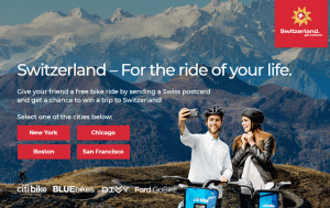 Kostenlose Radfahraktion in der Schweiz: Schenken Sie einem Freund eine kostenlose Radtour (CA, IL, MA, NY)