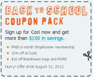 Das Cozi-Gutscheinpaket beinhaltet eine kostenlose sechsmonatige Mitgliedschaft bei ShopRunner (Wert von 40 USD)