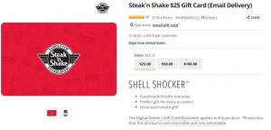 Promociones de Steak 'n Shake: compre una tarjeta de regalo de $ 25 por $ 20, una tarjeta de regalo de $ 50 por $ 37.50, etc.