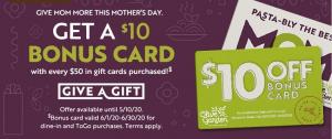 Promoções Olive Garden: compre um take one para levar por $ 12,99, ganhe um cartão de bônus de $ 10 com cada compra de $ 50 GC, $ 75 GC por $ 71,98 etc.